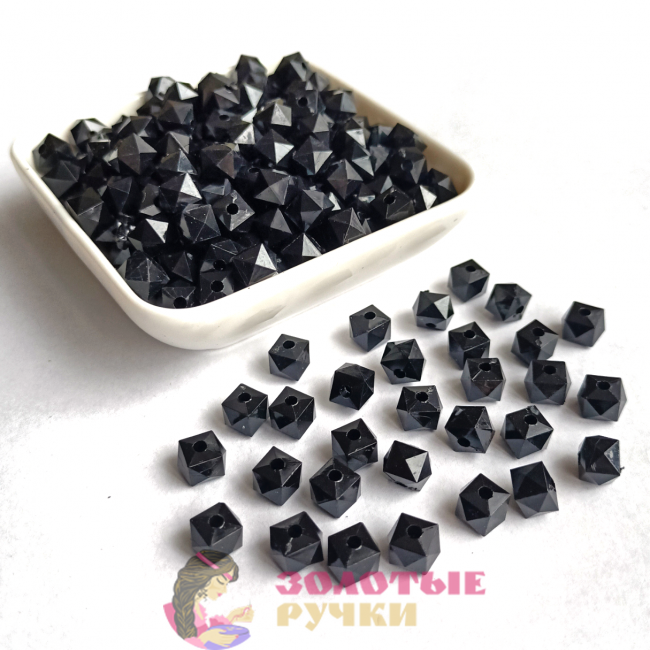 Бусины граненые квадратные. Размер: 8 мм. Цвет: черный глянец.