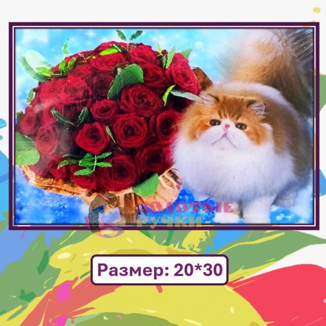 Картина для рисования по номерам "Котик с букетом роз" Размер: 20*30 