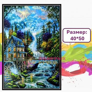 Картина для рисования по номерам "Зимнее солнце над заснеженной мельницей". Размер: 40*50