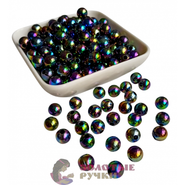 Бусины круглые, 8 мм, цвет черный перламутровый, в упаковке 500 гр.